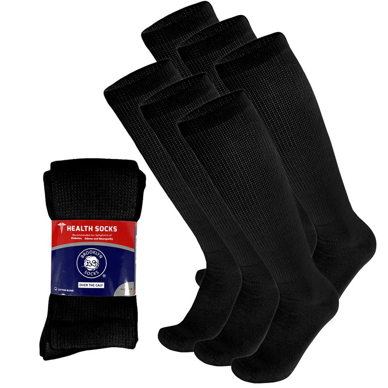 Brooklyn Socks 6 Pairs of Diabetic Over The Calf - Knee High Cotton Socks (Black - 6 Pairs, Fit Men's Shoe Size 10-12) - Image 1